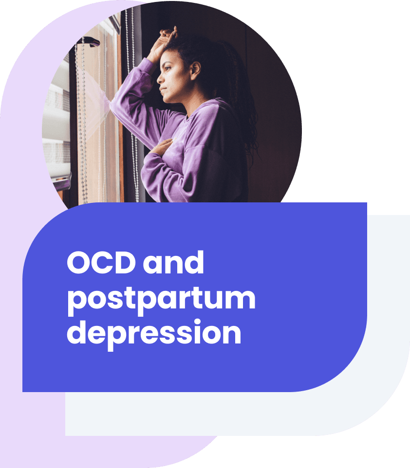 A woman with the words 'OCD and Postpartum Depression' overlayed.